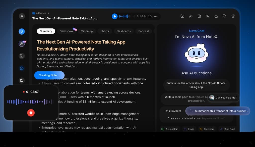 Xem trước không gian AI Enterprise Notes: ghi chú cuộc họp với phát âm thanh, thẻ tóm tắt AI và trò chuyện trợ lý Nova AI.